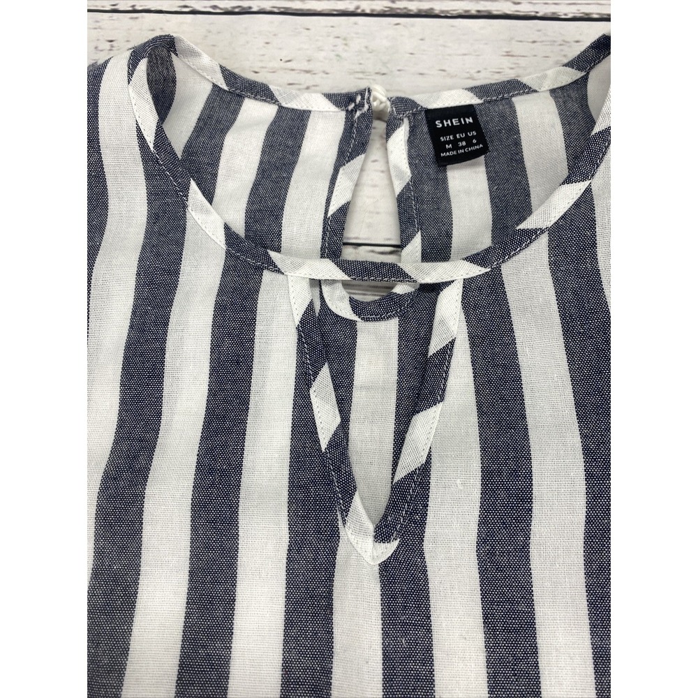 Shein Navy Blue White Striped Shift Dress Sleeveless Ruffle Shoulder Women's M‎ - Picture 3 of 8